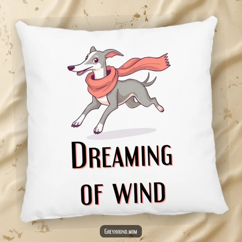 Funny Greyhound Scarf Pillow: Soft cushion with a graceful dog in a scarf, running, a humorous accent gift.