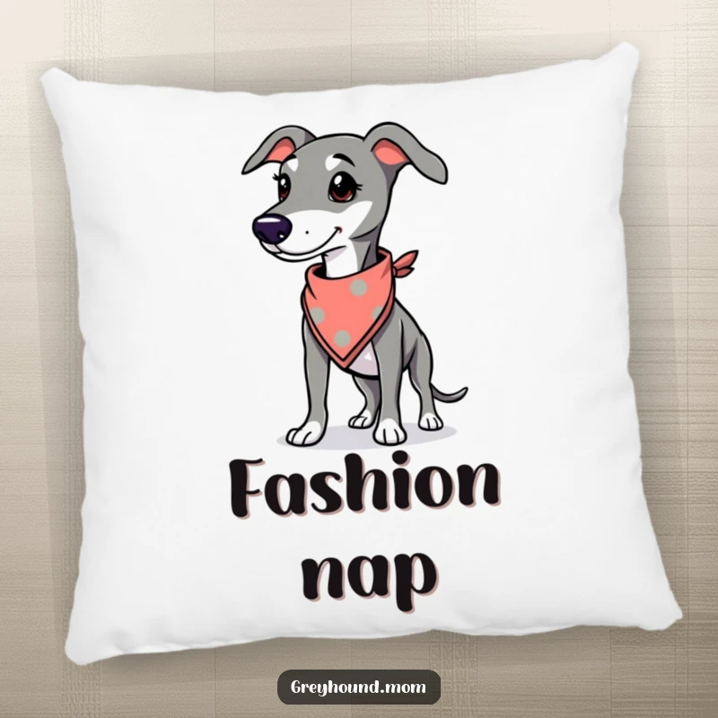 Funny Greyhound pillow, decorative cushion of a proud dog wearing a fashionable bandana, soft and stylish.