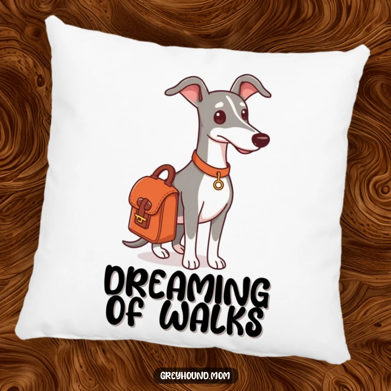 Funny Greyhound satchel pillow, a dog ready for an outing, cozy travel decor.