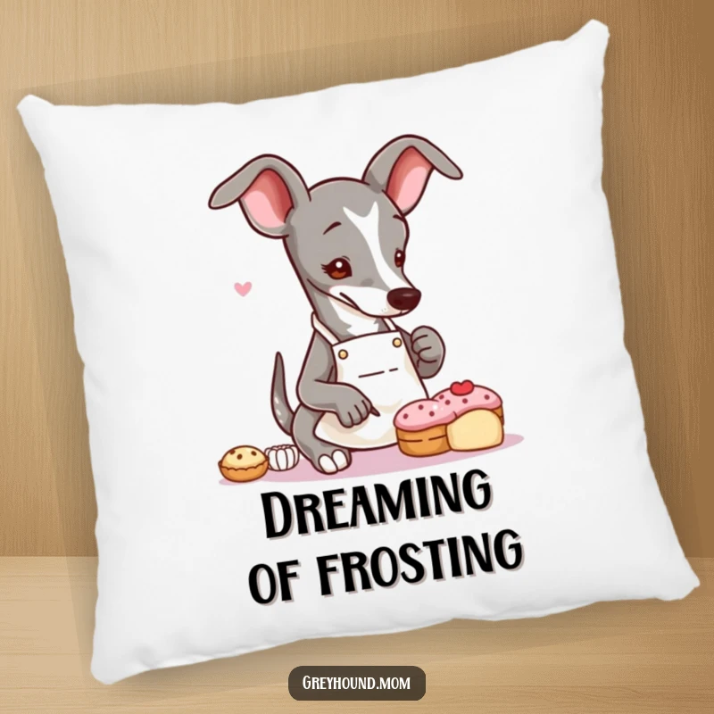 Funny Greyhound baker pillow showcasing a slender dog in an apron, delicately decorating a tiny pastry, perfect for sweet comfort.