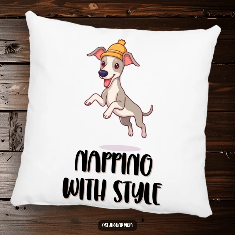 Funny Greyhound Hat Pillow: Soft cushion with a dog in a small hat, jumping, a delightful funny gift.