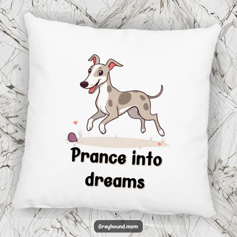 Funny pillow featuring a Greyhound with a happy prance, joyfully enjoying its surroundings.