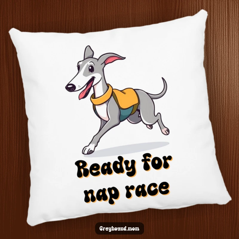 Funny pillow featuring a happy Greyhound in a sporty vest, captured in a joyful trotting pose.