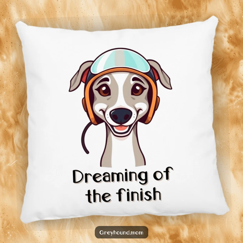 Funny pillow with a determined Greyhound wearing a racing helmet, offering comfort and a dose of canine competitive humor.
