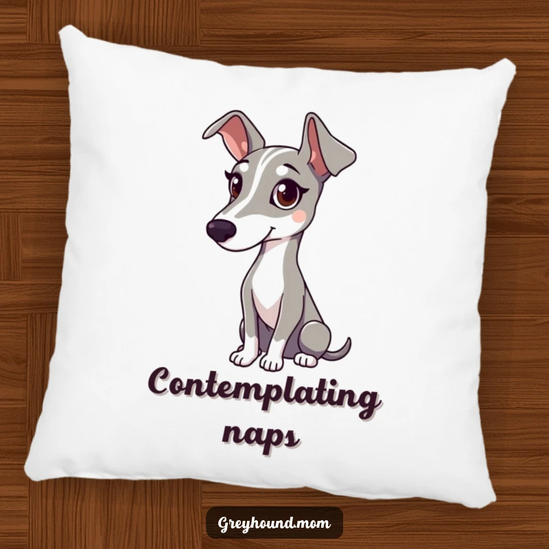 Funny pillow featuring a Greyhound with a gentle gaze, watching attentively with quiet grace.