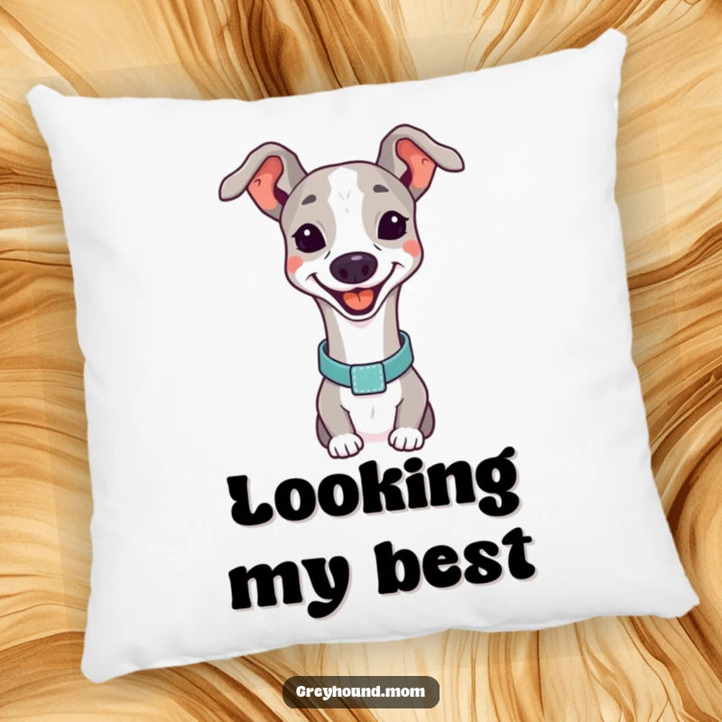 Funny Greyhound happy pillow, a smiling dog with an elegant collar, cozy decor.