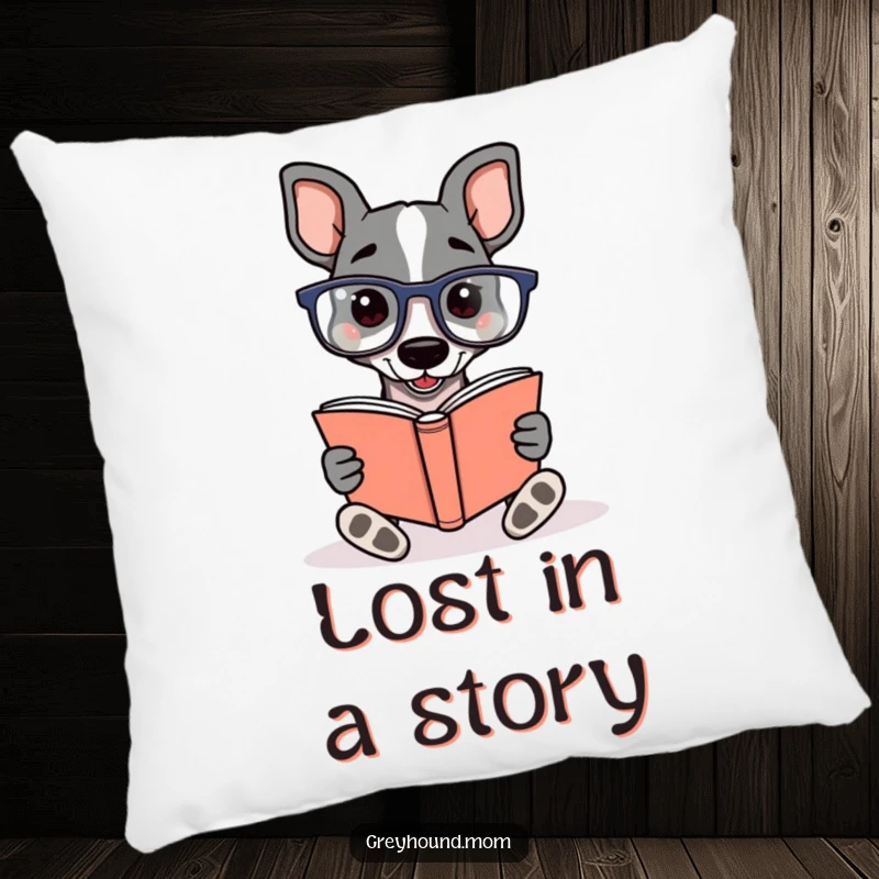 Funny Greyhound wearing reading glasses, enthusiastically reading a book, on a soft pillow for humorous comfort for readers.