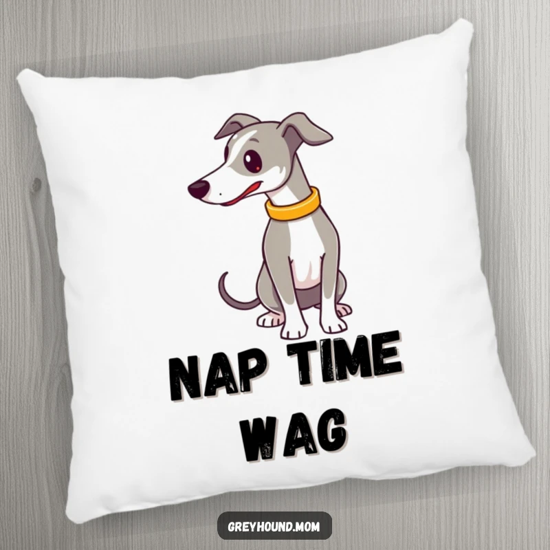 Funny Pillow: A soft pillow featuring a Greyhound with a fancy collar, joyfully wagging its tail to spread cheer.