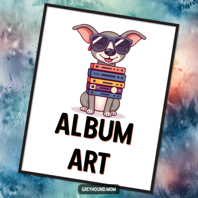 Funny Greyhound wearing oversized sunglasses, balancing a stack of small records, retro music digital art print.