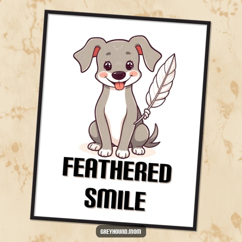 Funny Greyhound digital art, printable of a smiling dog holding a graceful feather, serene and heartwarming.