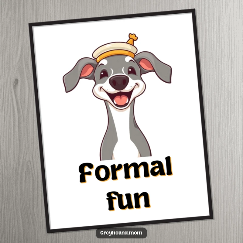 Funny Greyhound wearing a miniature opera hat, joyful grin, elegant and humorous digital art print.