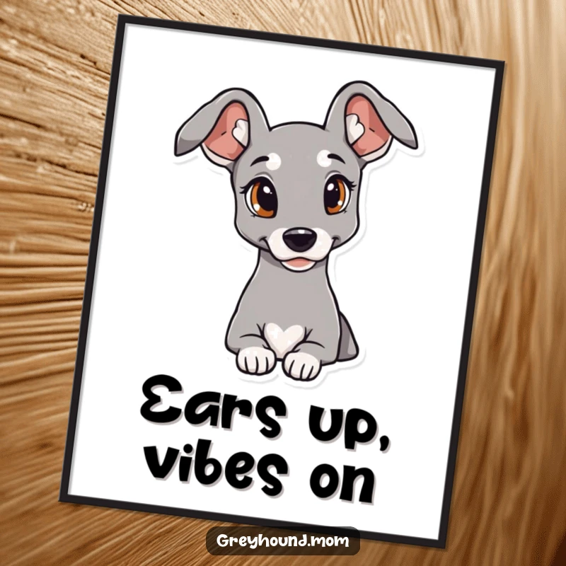 Funny Elegant Greyhound Digital Art Print with curious eyes and refined ears, humorous instant gift.
