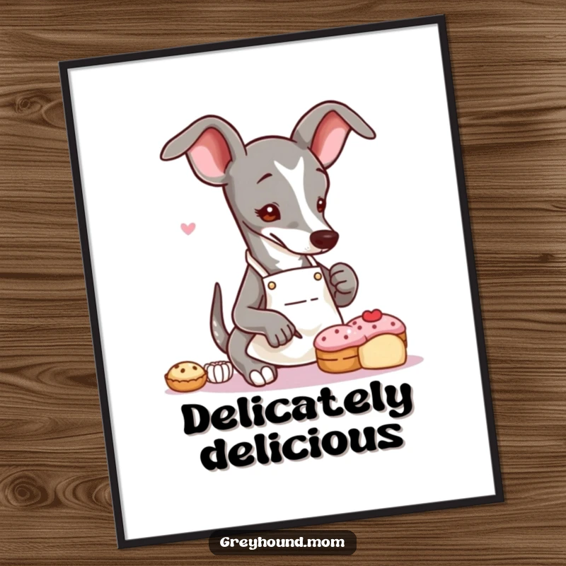 Funny Greyhound baker digital art print of a slender dog in an apron, meticulously decorating a tiny pastry with artistic focus.