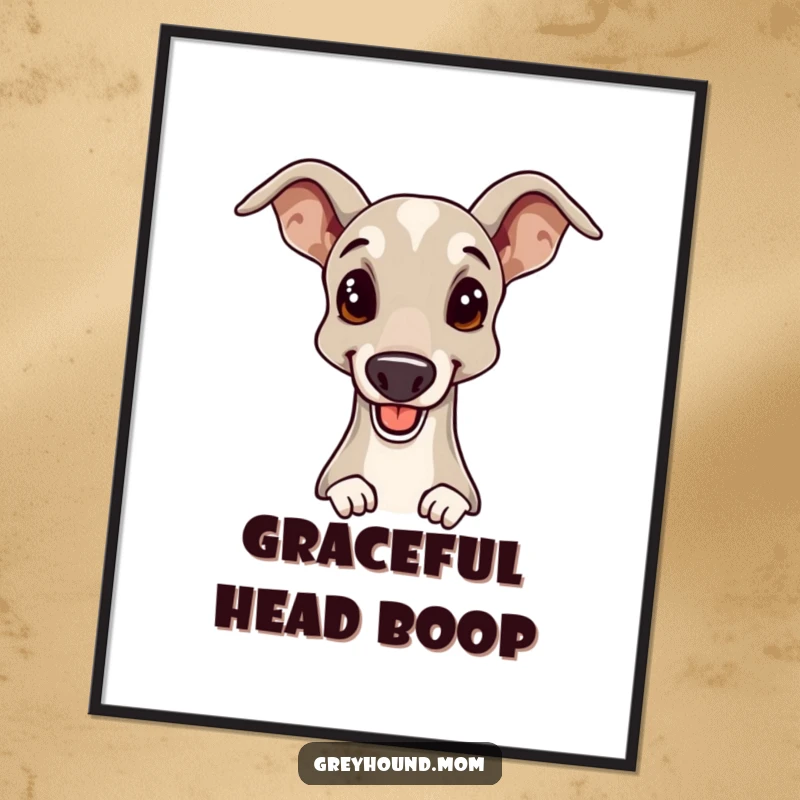 Funny Greyhound digital art print of a cheerful dog offering an elegant head nudge, providing a sophisticated and humorous visual.