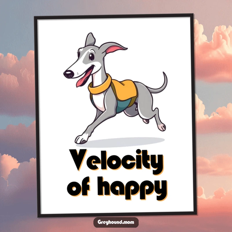 Funny digital art print of a happy Greyhound in a sporty vest, trotting with infectious excitement.