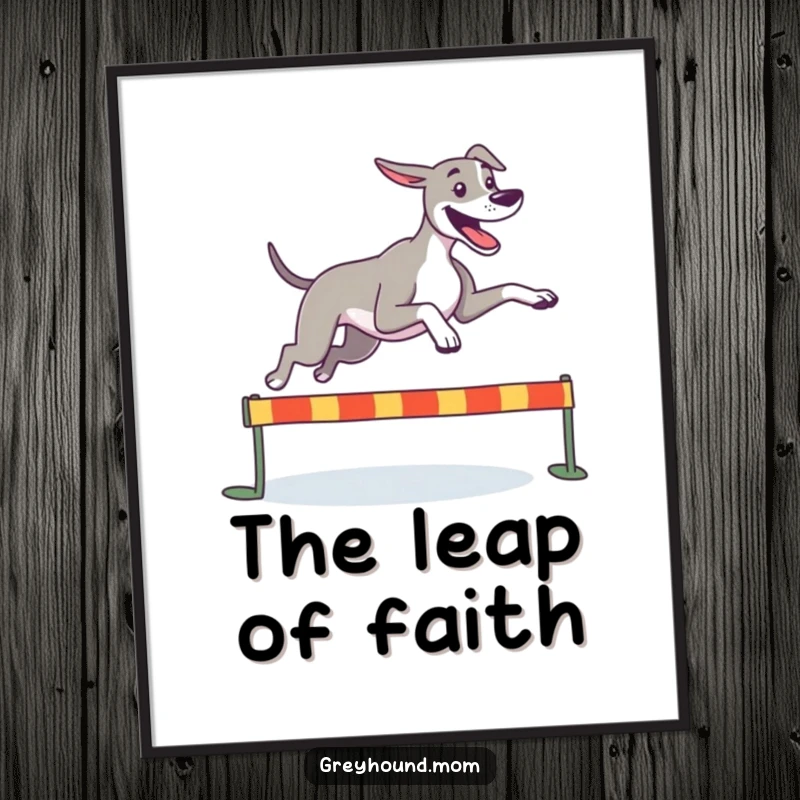 Funny Greyhound digital art print, a happy dog leaping joyfully over a small hurdle, full of athletic spirit.