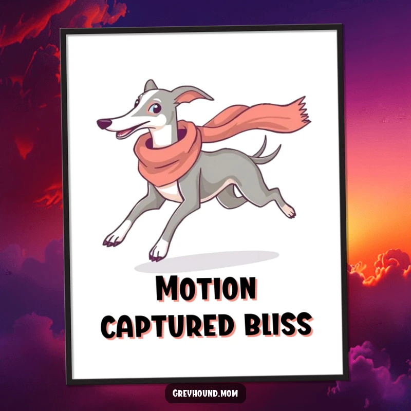 Funny Greyhound Scarf Digital Art: Printable art of a dog running with a scarf, conveying elegance and humor, great funny gift.