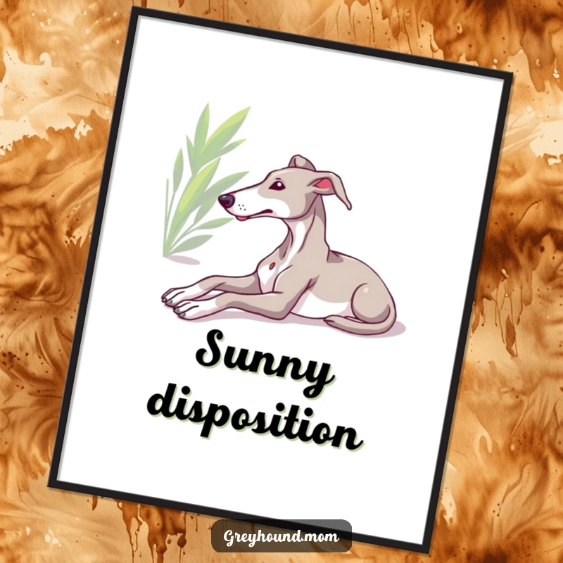Funny Greyhound digital art, relaxed dog stretching in sun, instant printable decor, serene canine art, humorous gift.