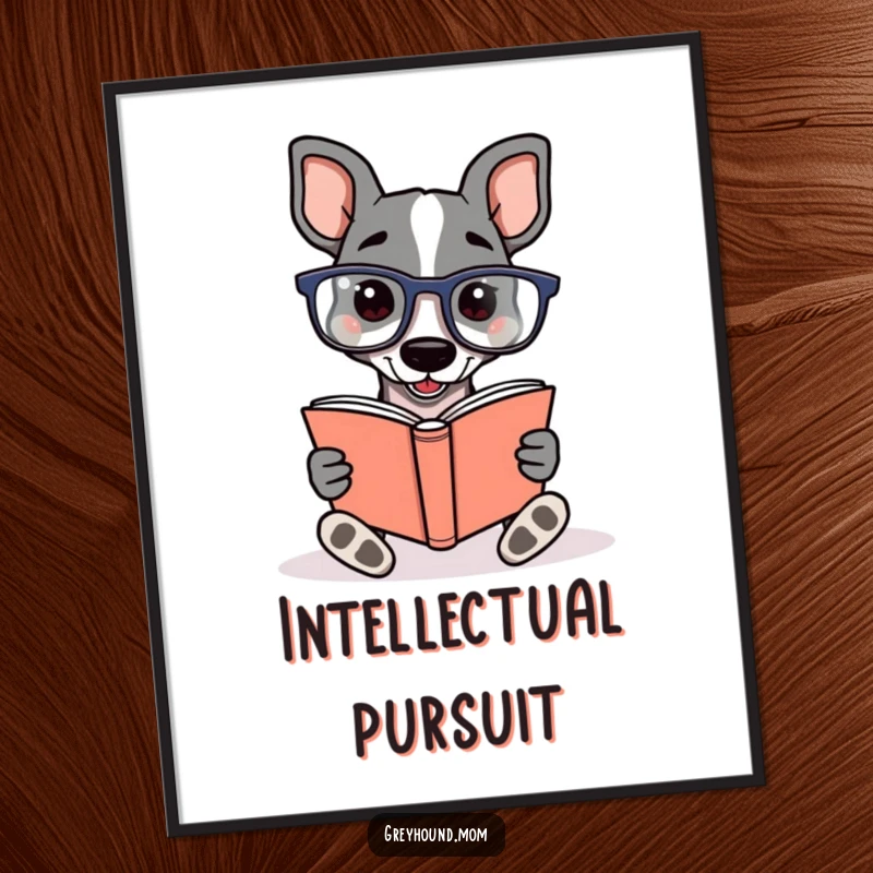 Funny Greyhound wearing reading glasses, enthusiastically reading a book, presented as charming and humorous digital art for bookish spaces.
