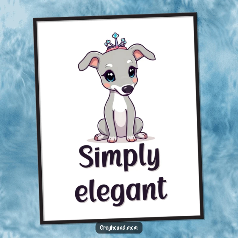 Funny Greyhound digital art, a graceful illustration of the dog with a tiny tiara, ready to print and frame. Perfect funny gift.