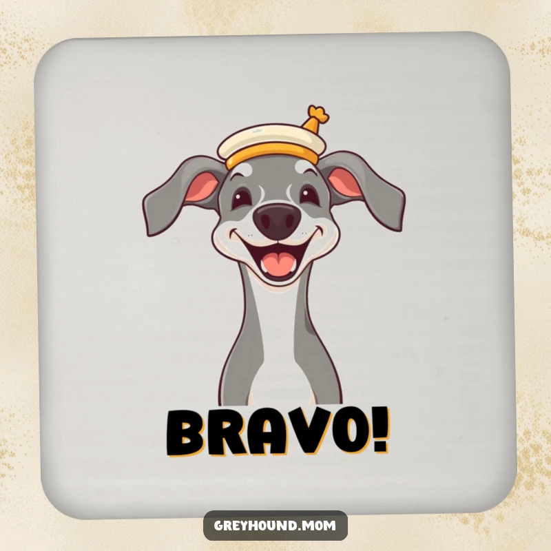 Funny Greyhound wearing a tiny opera hat, joyful grin, humorous and protective drink coasters.