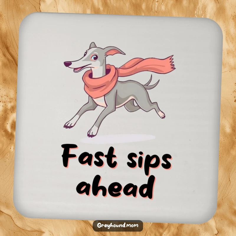 Funny Greyhound Scarf Coaster: Set of coasters with an elegant dog running, scarf flowing, humorous housewarming gift.
