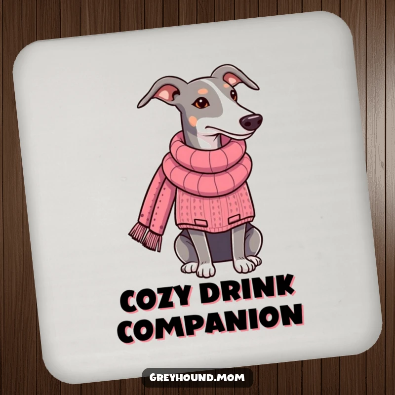 Funny Greyhound drink coaster, dog wearing a sweater and knitting a scarf, a charming and practical accent. A great funny gift.