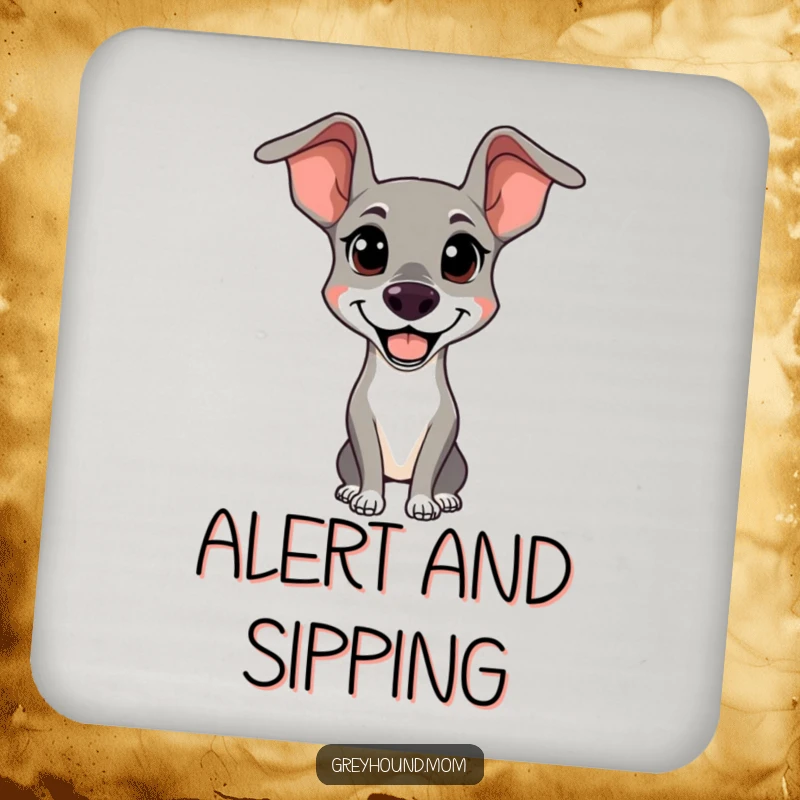 Funny Happy Greyhound Coaster: Set of coasters with an alert, happy dog, a humorous and functional funny gift.
