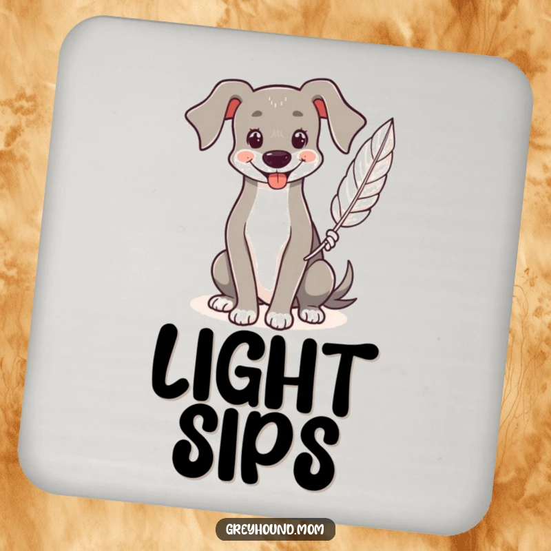 Funny Greyhound coaster, drink accessory with a smiling dog holding a feather, protects surfaces gently.