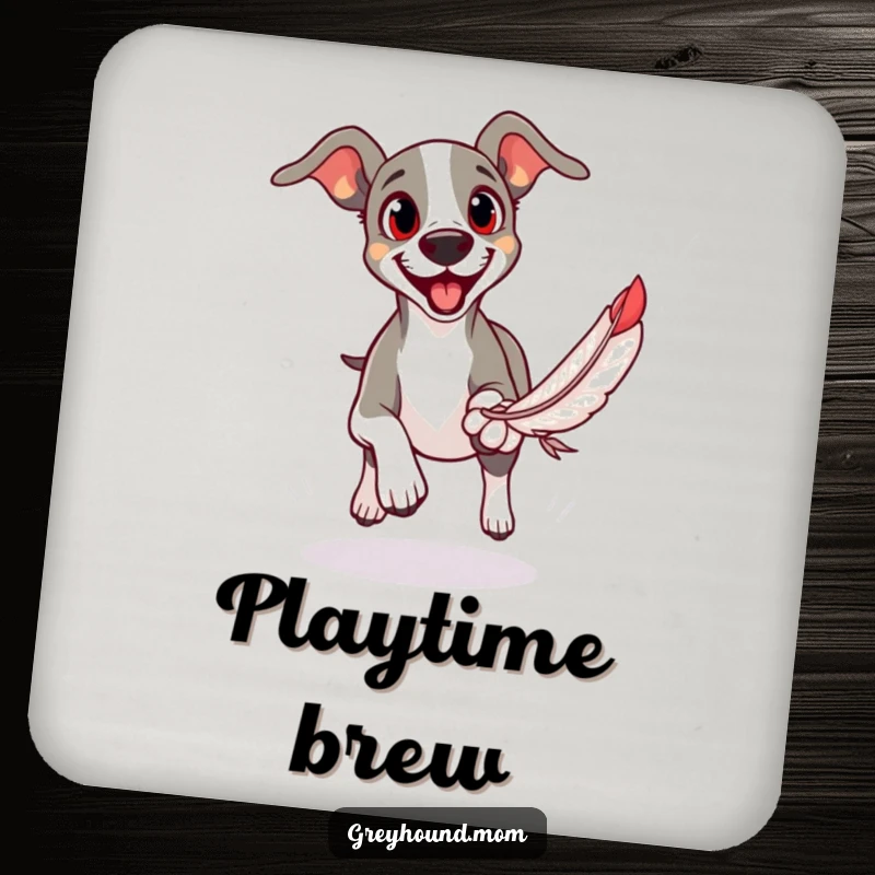 Funny drink coaster of a Greyhound with eager eyes, joyfully chasing a feather toy.