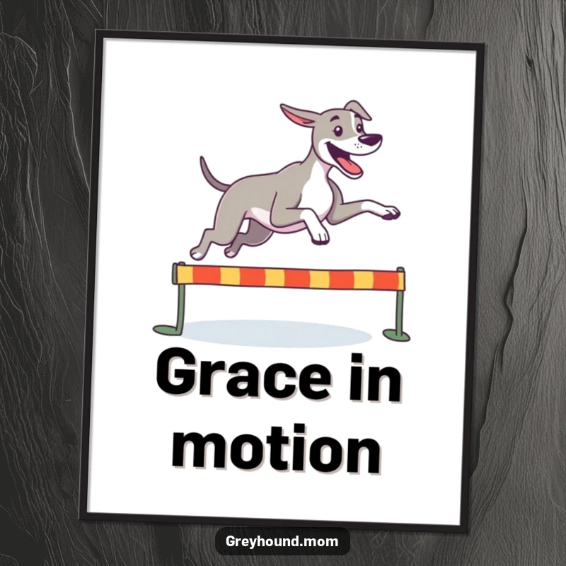 Funny Greyhound poster, a happy dog leaping joyfully over a small hurdle, capturing pure speed and athletic grace.