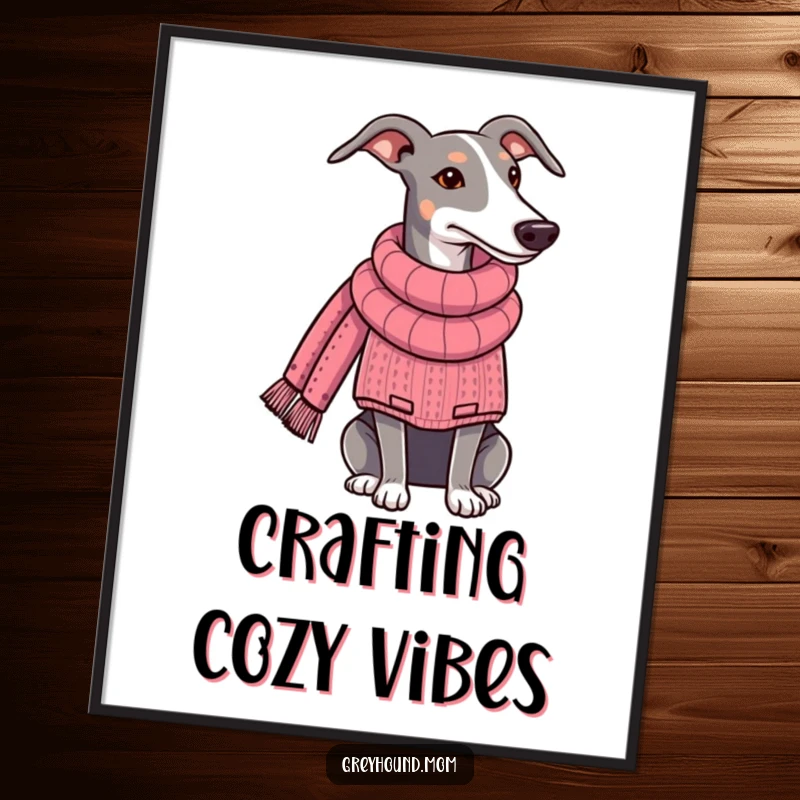 Funny Greyhound poster artwork, dog in a knitted sweater, focused on knitting a long scarf. Great funny gift for pet owners and crafters.