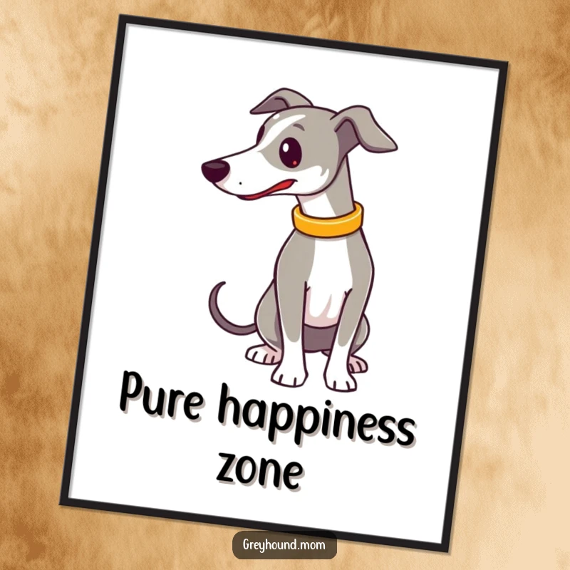 Funny Poster: A Greyhound with a gleaming collar is depicted in the midst of a vigorous tail wag, radiating pure canine happiness.