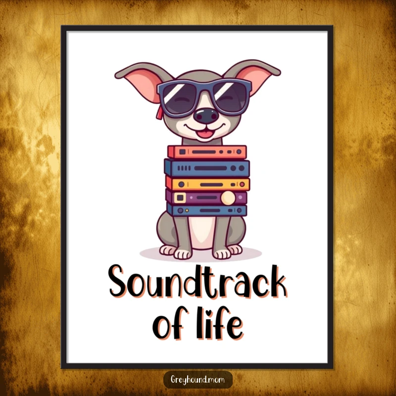 Funny Greyhound in oversized sunglasses, balancing a stack of small records, cool retro music wall art.