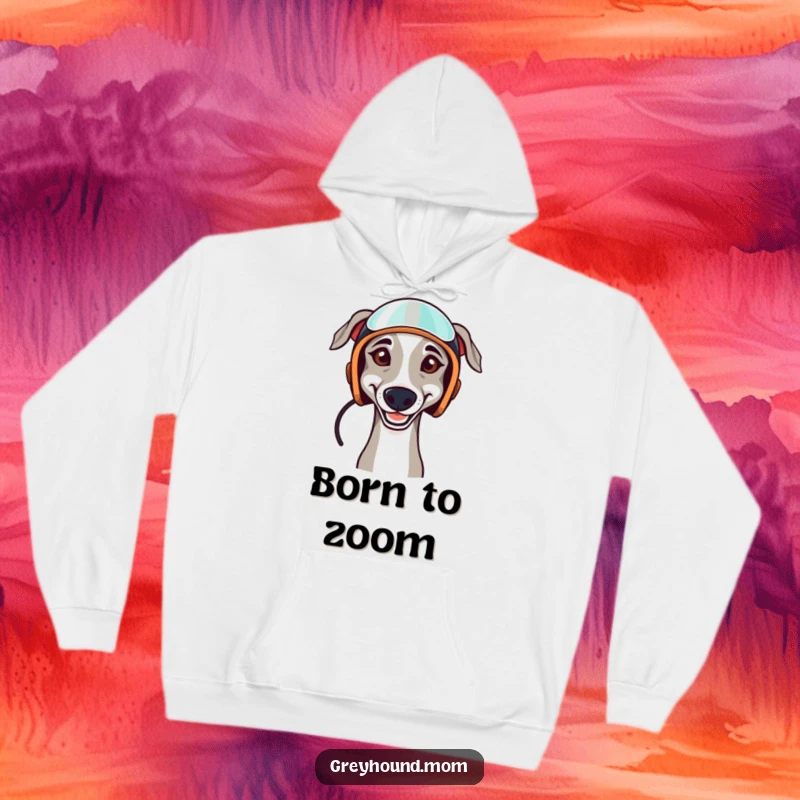 Funny hoodie depicting a determined Greyhound wearing a racing helmet, offering warmth and a touch of canine competitive spirit.