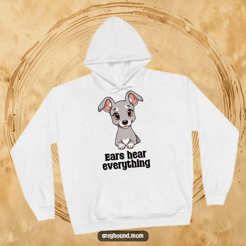 Funny Greyhound Hoodie showcasing elegant ears and a curious stare, a cozy yet humorous gift.