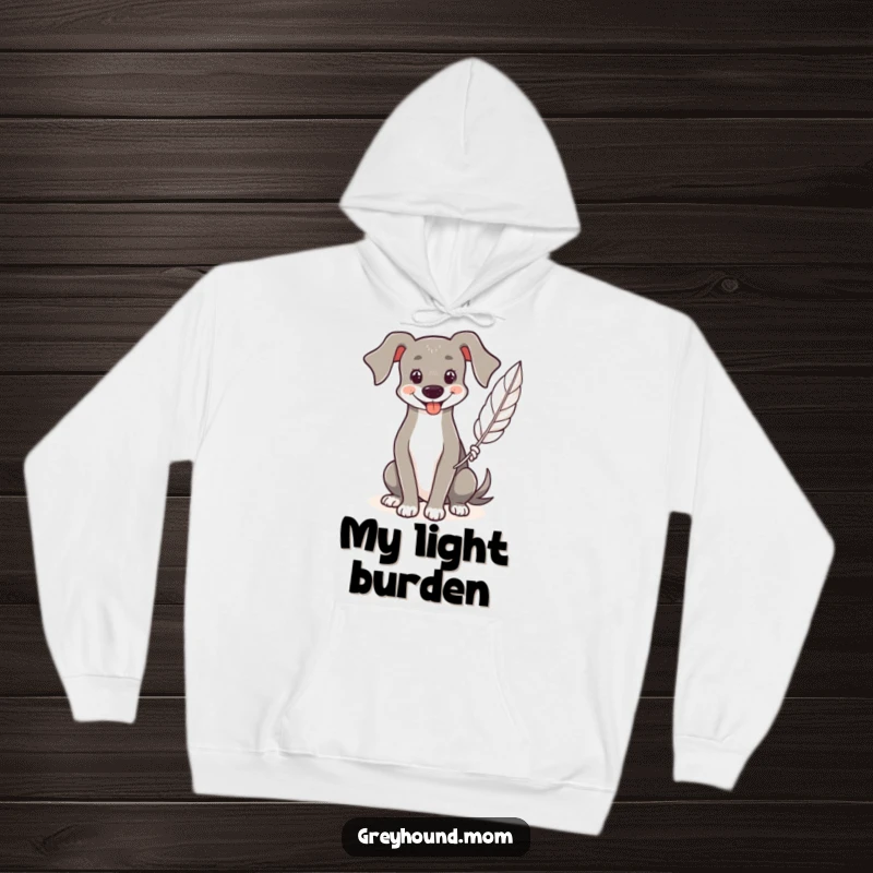 Funny Greyhound hoodie, soft sweatshirt featuring a dog with a warm smile holding a delicate feather, cozy and kind.