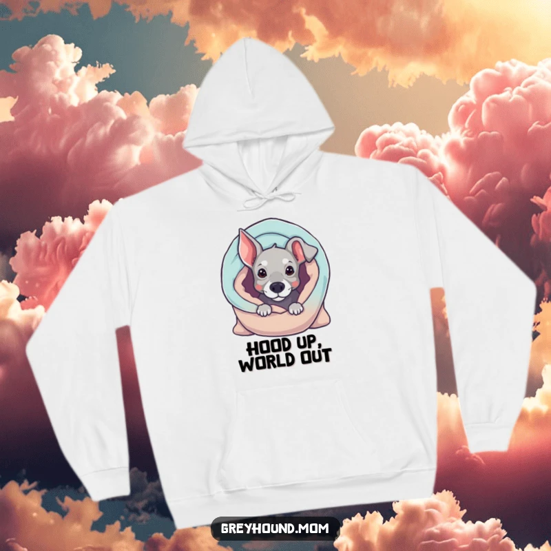 Funny Greyhound hoodie, curious dog peeking from a warm blanket, cozy and cute design, ideal humorous gift for hound lovers.