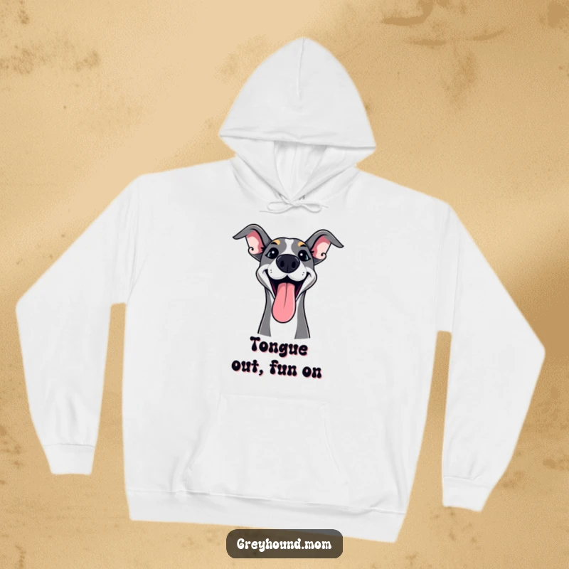 Funny Greyhound Hoodie with a tongue lolling out in playful excitement, a cozy and humorous gift.
