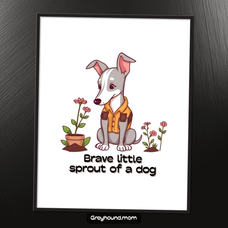 Funny Free Printable Wall Art: Greyhound in gardening vest, admiring a tiny flower, whimsical downloadable art for home decor.