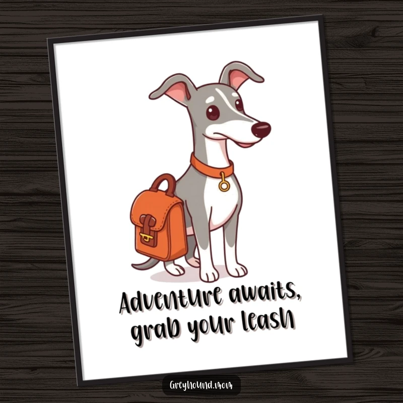 Funny Free Printable Wall Art: Greyhound with satchel, looking ready for an outing, whimsical downloadable art for travel lovers.