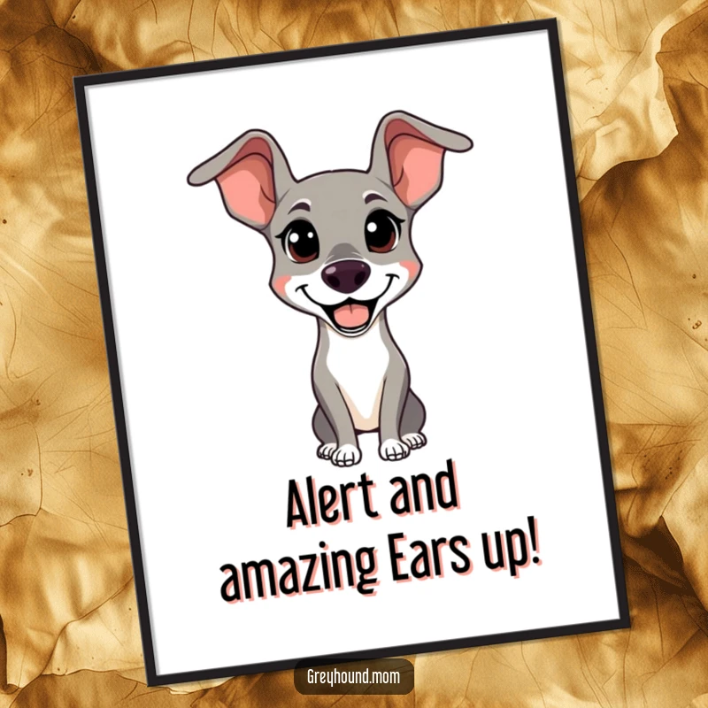 Funny Free Printable Wall Art: Greyhound with sleek ears looks alert and happy, a cheerful canine portrait.