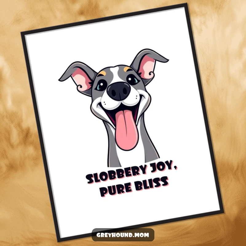 Funny Free Printable Wall Art: Delighted Greyhound with tongue lolling out in playful excitement, downloadable art.