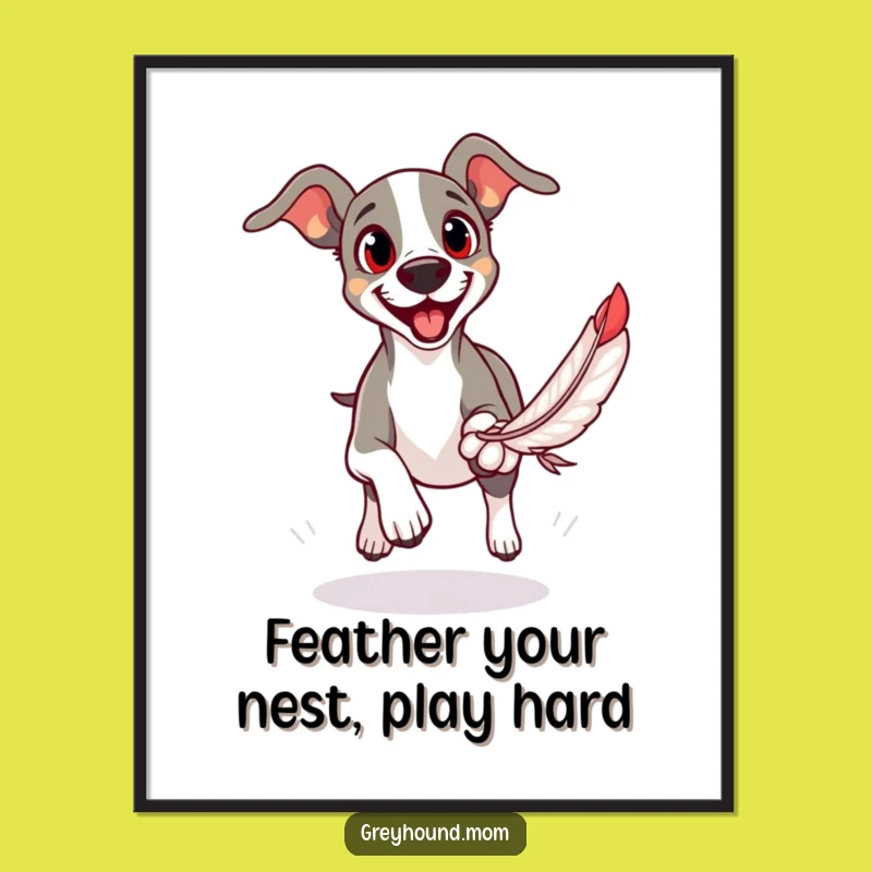 Free Printable Wall Art: Eager Greyhound Toy Chase, Funny Downloadable Dog Art for Playful Spaces