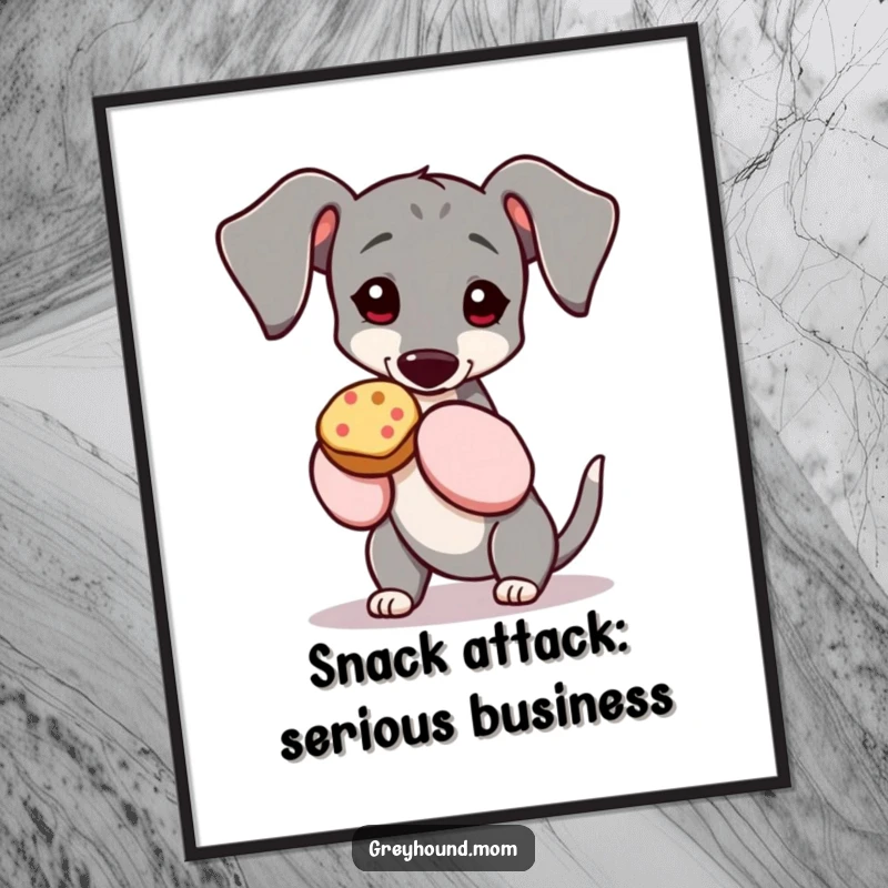 Funny Free Printable Wall Art: A Greyhound in oven mitts carefully holds a fetching treat, ready to share.