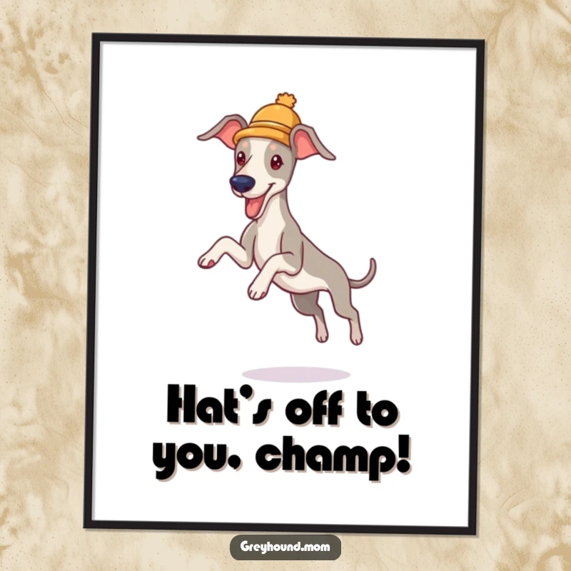 Funny Free Printable Wall Art: Greyhound wearing tiny hat leaping playfully, a dynamic and fun canine illustration.