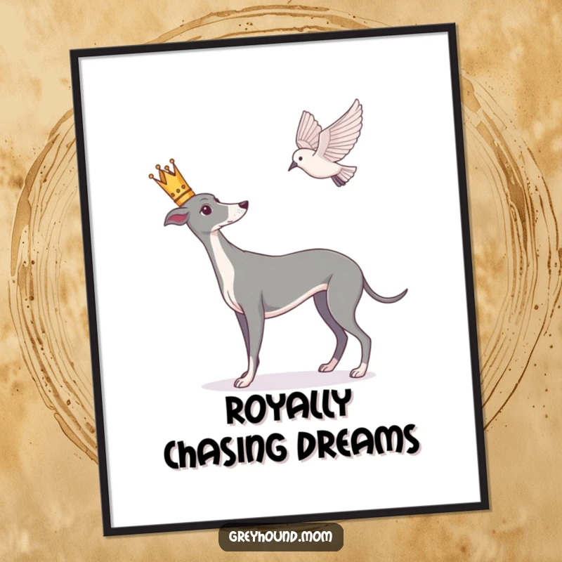 Funny Free Printable Wall Art: A Greyhound is adorned with a tiny crown, intently watching a bird fly.