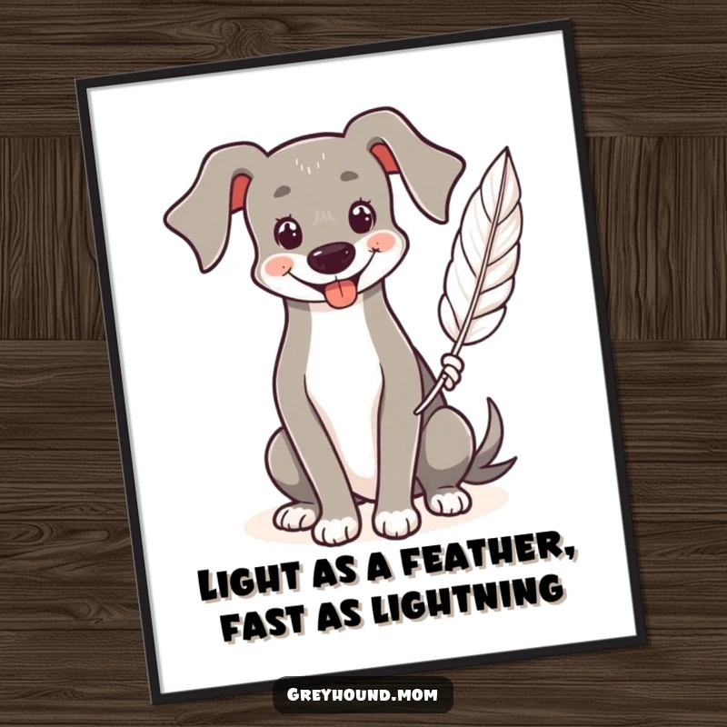 Funny Free Printable Wall Art: A Greyhound offers a warm smile while holding a single, elegant feather.