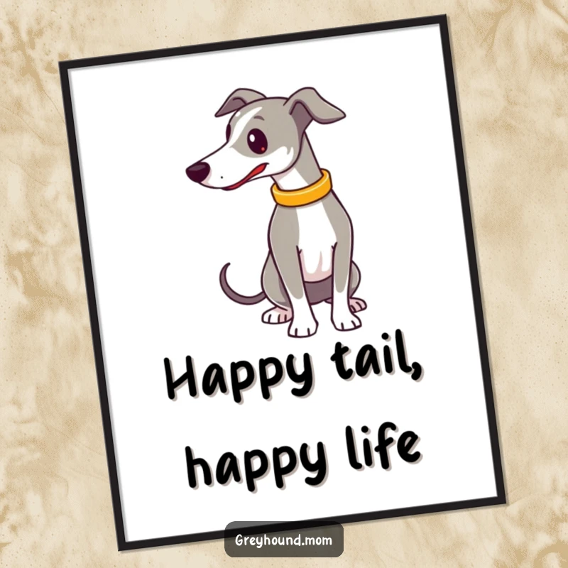 Funny Free Printable Wall Art: A delighted Greyhound with a shiny collar, tail wagging vigorously with happiness.