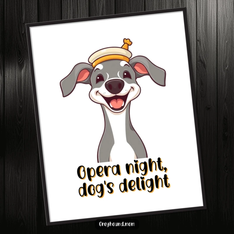 Funny Free Printable Wall Art: Greyhound in a miniature opera hat, with a joyful grin, elegant art